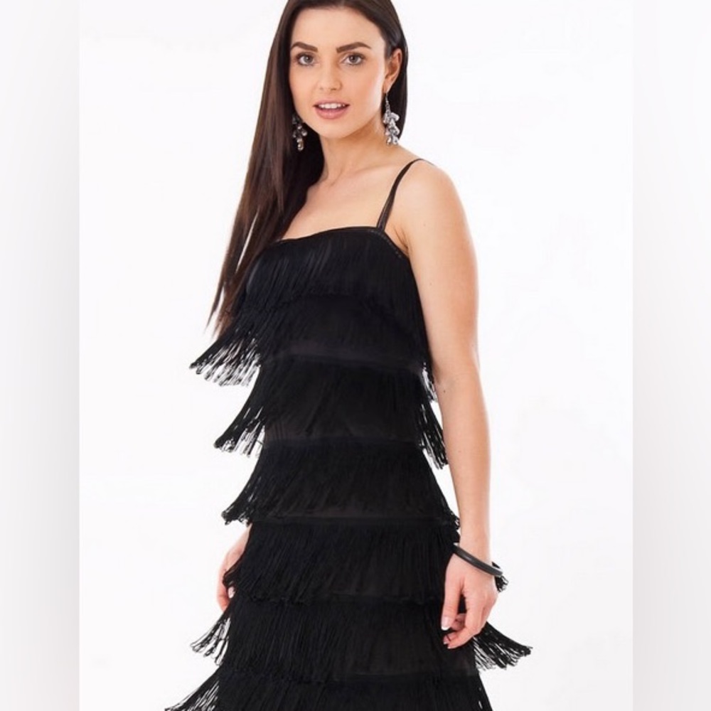 Vintage 1920s-style Flapper Fringe Tassel Dress in Black Mid-Length EUC!